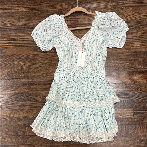 LoveShackFancy Dresses & Skirts - LoveShackFancy White Dress with Blue and Green Floral Pattern